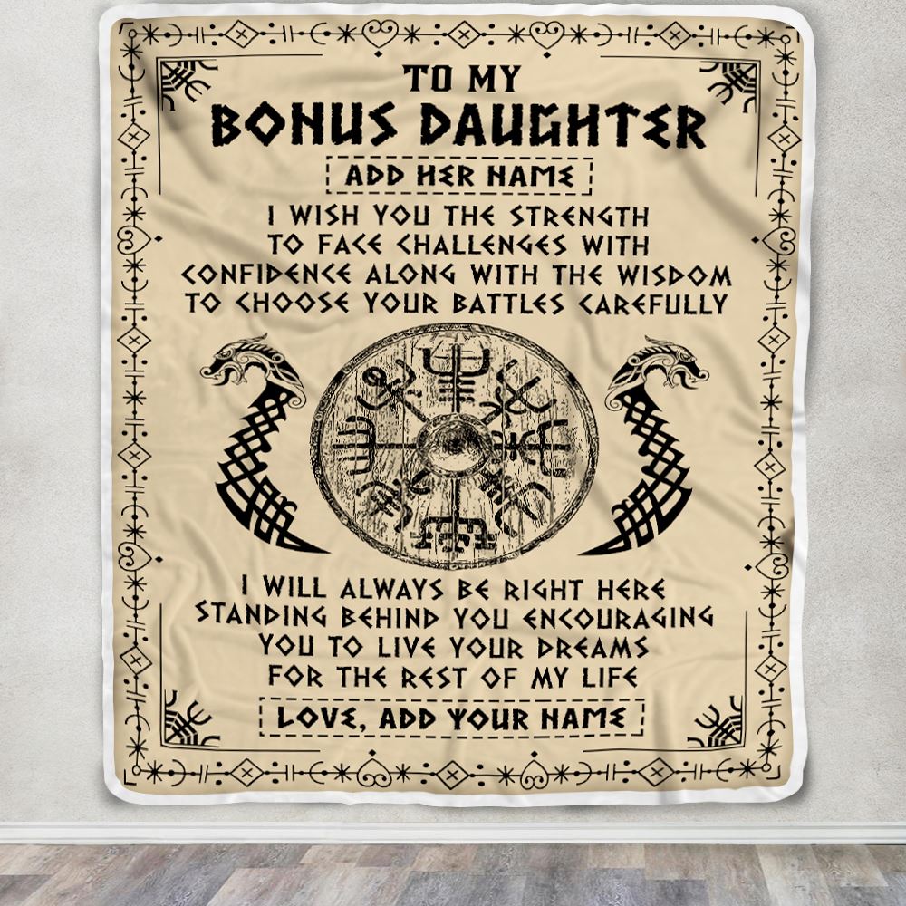 Personalized To My Bonus Daughter Viking Blanket From Stepmother Dad I Wish You The Strength Scandinavian Norse Runes Viking For Women Birthday Fleece Blanket | siriusteestore