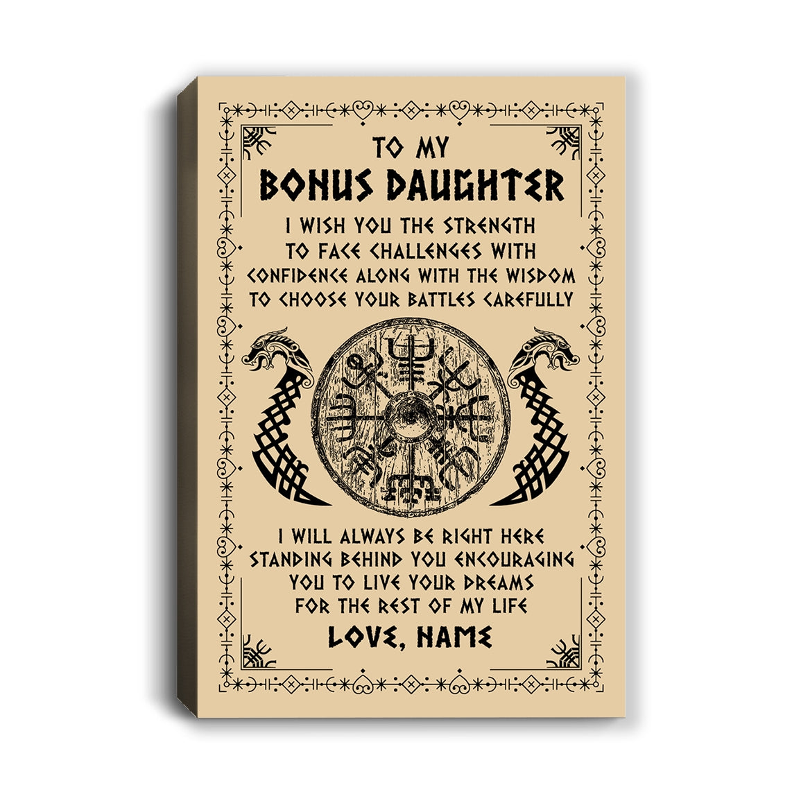 Personalized To My Bonus Daughter Viking Canvas I Wish You The Strength Scandinavian Norse Runes Viking For Women Birthday Gifts Custom Wall Art Print Framed Canvas | siriusteestore