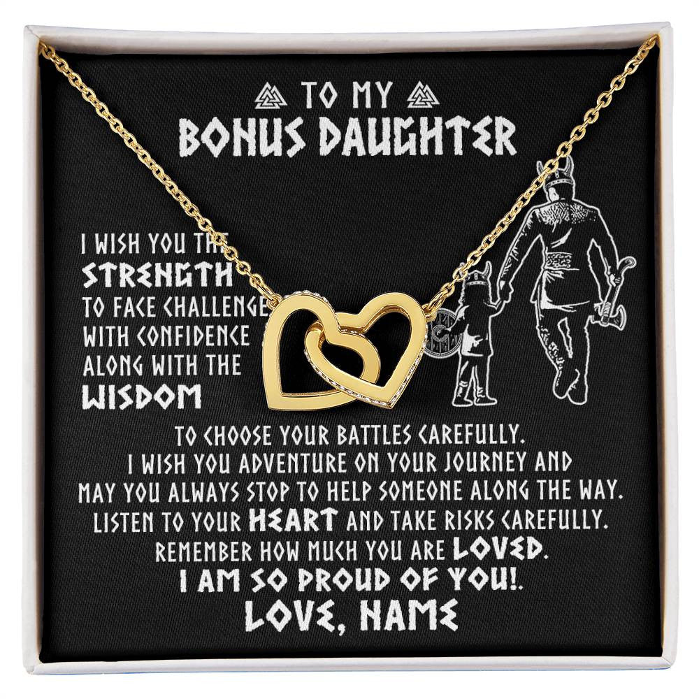Interlocking Hearts Necklace 18K Yellow Gold Finish | 1 | Personalized To My Bonus Daughter Viking Necklace From Stepdad I Am So Proud Of You Runes Viking Stepdaughter Christmas Customized Gift Box Message Card | siriusteestore