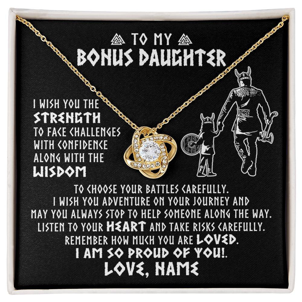 Love Knot Necklace 18K Yellow Gold Finish | 1 | Personalized To My Bonus Daughter Viking Necklace From Stepdad I Am So Proud Of You Runes Viking Stepdaughter Christmas Customized Gift Box Message Card | siriusteestore