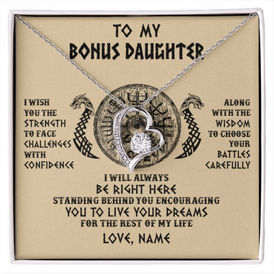 Forever Love Necklace 14K White Gold Finish | 1 | Personalized To My Bonus Daughter Viking Necklace I Wish You The Strength Scandinavian Norse Runes Viking For Women Birthday Customized Gift Box Message Card | siriusteestore