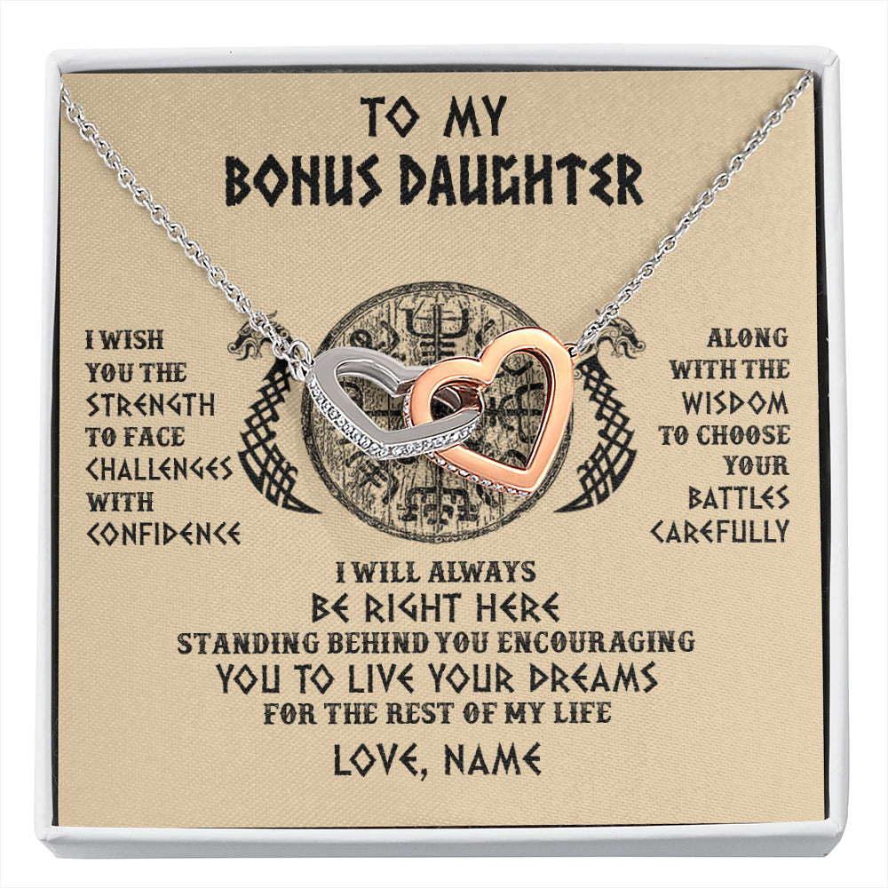 Interlocking Hearts Necklace Stainless Steel & Rose Gold Finish | 1 | Personalized To My Bonus Daughter Viking Necklace I Wish You The Strength Scandinavian Norse Runes Viking For Women Birthday Customized Gift Box Message Card | siriusteestore