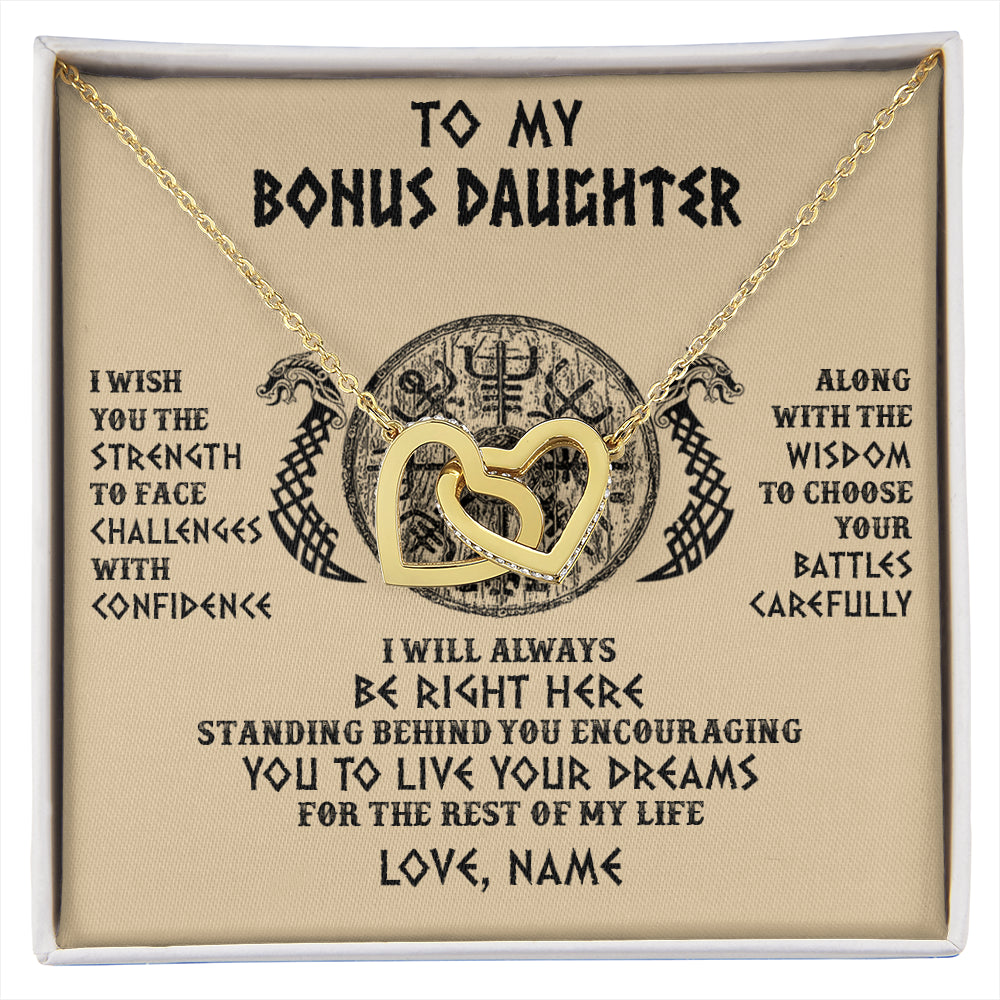 Interlocking Hearts Necklace 18K Yellow Gold Finish | 1 | Personalized To My Bonus Daughter Viking Necklace I Wish You The Strength Scandinavian Norse Runes Viking For Women Birthday Customized Gift Box Message Card | siriusteestore