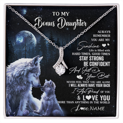 Alluring Beauty Necklace 14K White Gold Finish | 1 | Personalized To My Bonus Daughter Wolf Necklace From Stepmom Stepdad Always Remember Stepdaughter Birthday Christmas Customized Gift Box Message Card | siriusteestore