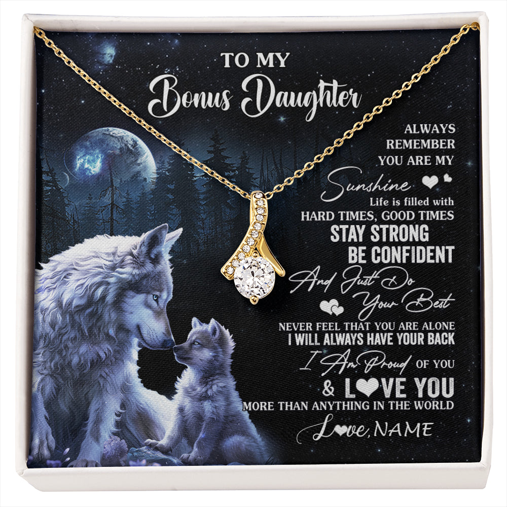 Alluring Beauty Necklace 18K Yellow Gold Finish | 1 | Personalized To My Bonus Daughter Wolf Necklace From Stepmom Stepdad Always Remember Stepdaughter Birthday Christmas Customized Gift Box Message Card | siriusteestore