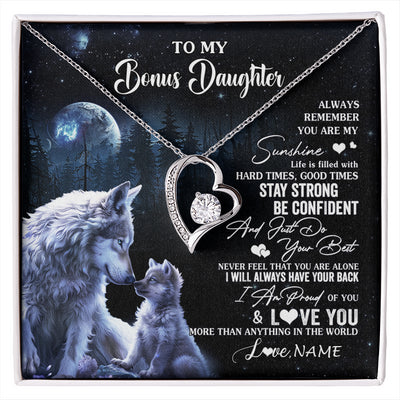 Forever Love Necklace 14K White Gold Finish | 1 | Personalized To My Bonus Daughter Wolf Necklace From Stepmom Stepdad Always Remember Stepdaughter Birthday Christmas Customized Gift Box Message Card | siriusteestore