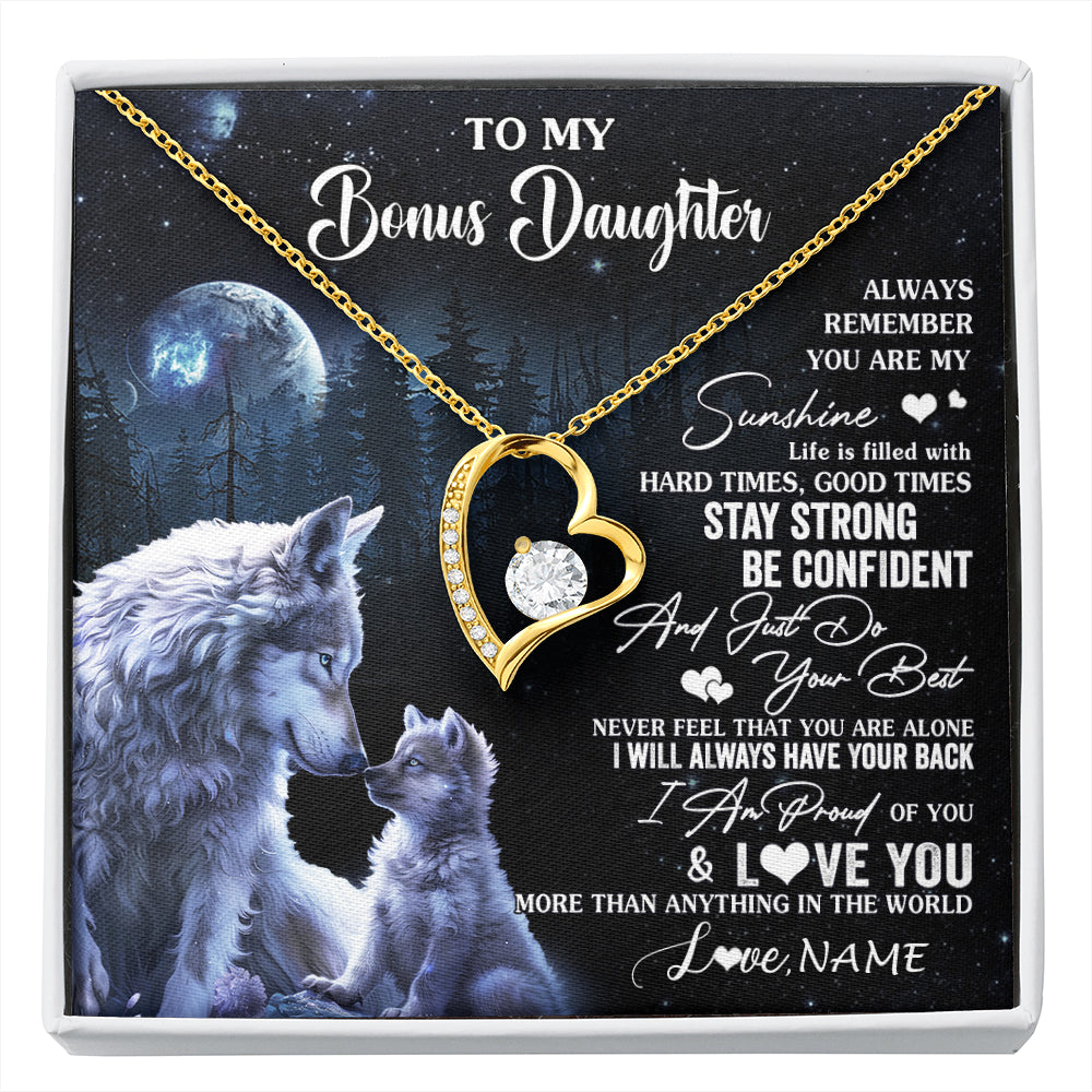 Forever Love Necklace 18K Yellow Gold Finish | 1 | Personalized To My Bonus Daughter Wolf Necklace From Stepmom Stepdad Always Remember Stepdaughter Birthday Christmas Customized Gift Box Message Card | siriusteestore
