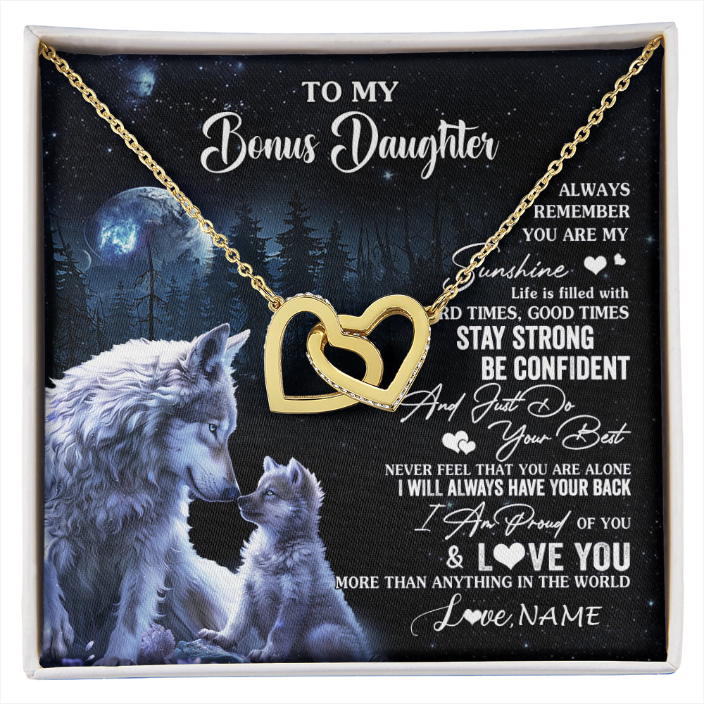 Interlocking Hearts Necklace 18K Yellow Gold Finish | 1 | Personalized To My Bonus Daughter Wolf Necklace From Stepmom Stepdad Always Remember Stepdaughter Birthday Christmas Customized Gift Box Message Card | siriusteestore
