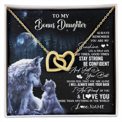 Interlocking Hearts Necklace 18K Yellow Gold Finish | 1 | Personalized To My Bonus Daughter Wolf Necklace From Stepmom Stepdad Always Remember Stepdaughter Birthday Christmas Customized Gift Box Message Card | siriusteestore