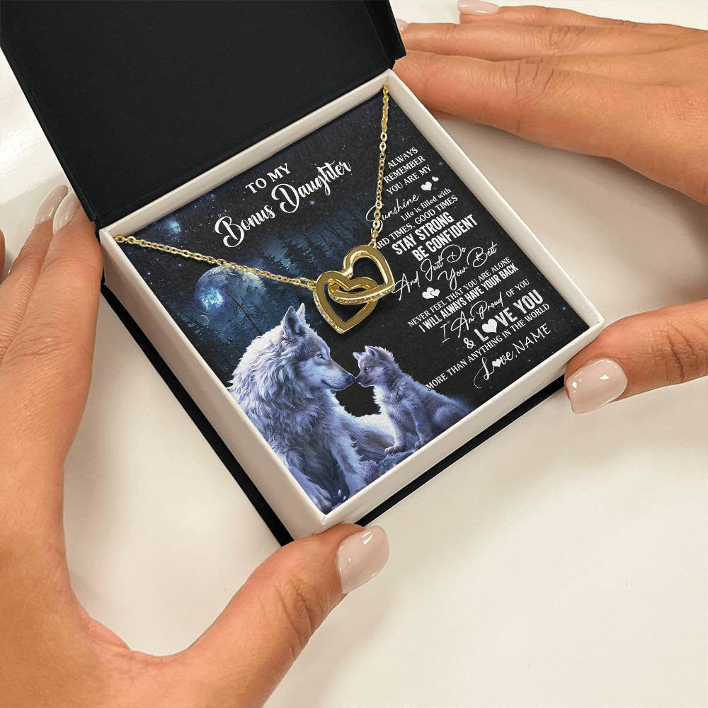 Interlocking Hearts Necklace 18K Yellow Gold Finish | 2 | Personalized To My Bonus Daughter Wolf Necklace From Stepmom Stepdad Always Remember Stepdaughter Birthday Christmas Customized Gift Box Message Card | siriusteestore