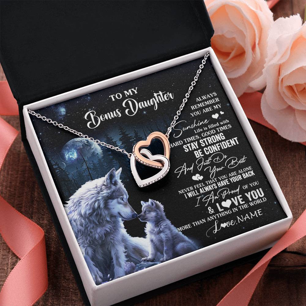 Interlocking Hearts Necklace Stainless Steel & Rose Gold Finish | 2 | Personalized To My Bonus Daughter Wolf Necklace From Stepmom Stepdad Always Remember Stepdaughter Birthday Christmas Customized Gift Box Message Card | siriusteestore
