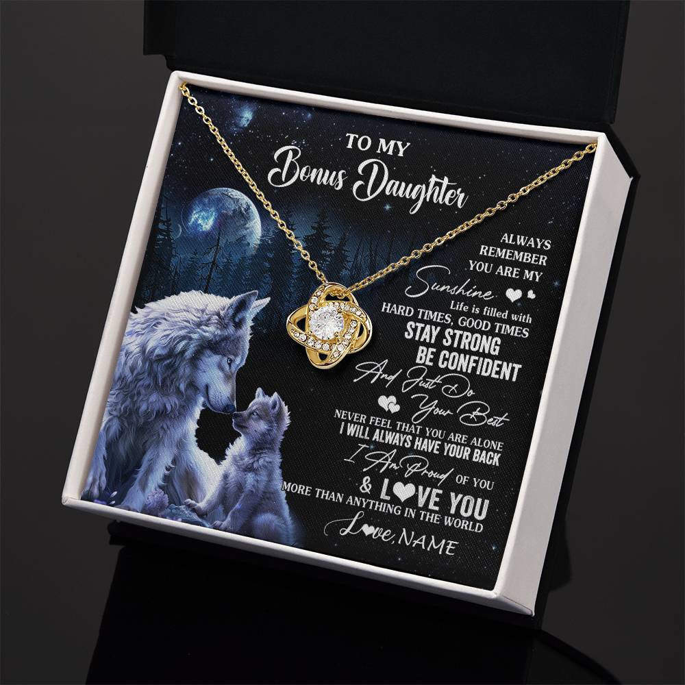 Love Knot Necklace 18K Yellow Gold Finish | 2 | Personalized To My Bonus Daughter Wolf Necklace From Stepmom Stepdad Always Remember Stepdaughter Birthday Christmas Customized Gift Box Message Card | siriusteestore