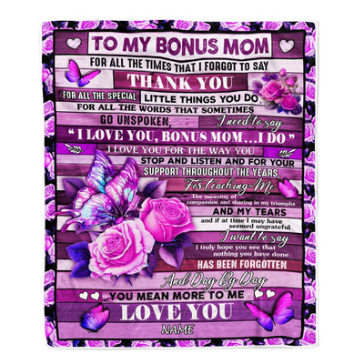 Personalized To My Bonus Mom Blanket From Daughter Nephew Wood Butterfly You Mean More To Me Stepmom Birthday Mothers Day Christmas Customized Fleece Blanket | siriusteestore