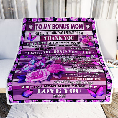 Personalized To My Bonus Mom Blanket From Daughter Nephew Wood Butterfly You Mean More To Me Stepmom Birthday Mothers Day Christmas Customized Fleece Blanket | siriusteestore