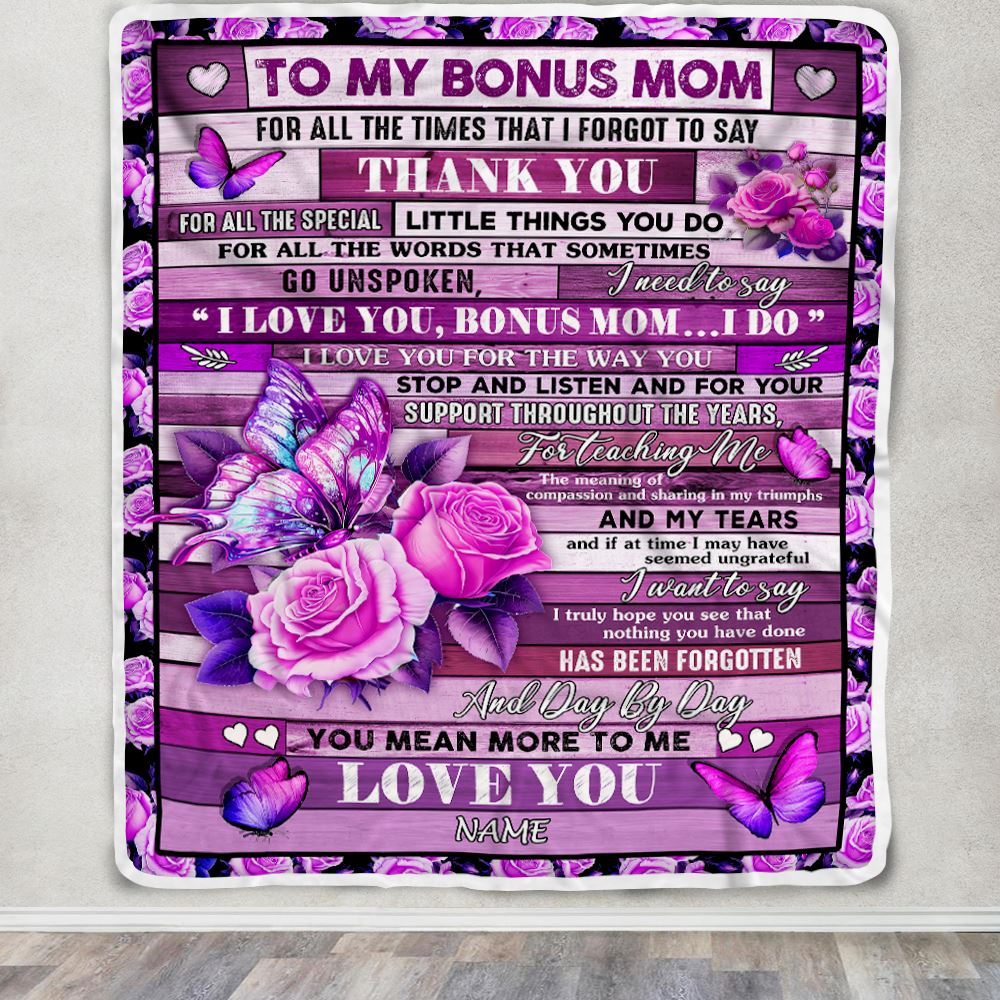 Personalized To My Bonus Mom Blanket From Daughter Nephew Wood Butterfly You Mean More To Me Stepmom Birthday Mothers Day Christmas Customized Fleece Blanket | siriusteestore