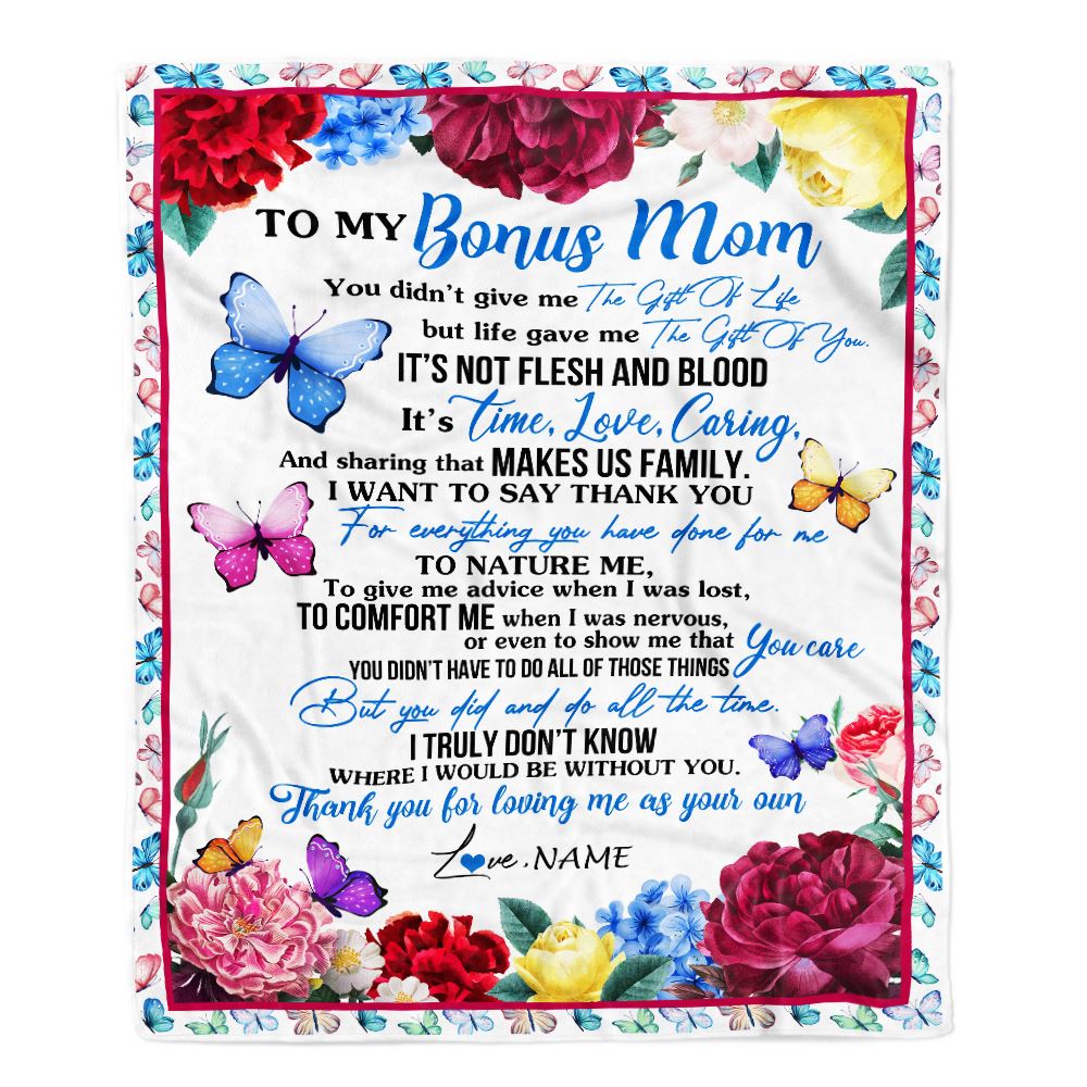 Personalized To My Bonus Mom Blanket From Daughter Son Thank You For Loving Me Stepmom Birthday Mothers Day Christmas Customized Bed Fleece Blanket | siriusteestore