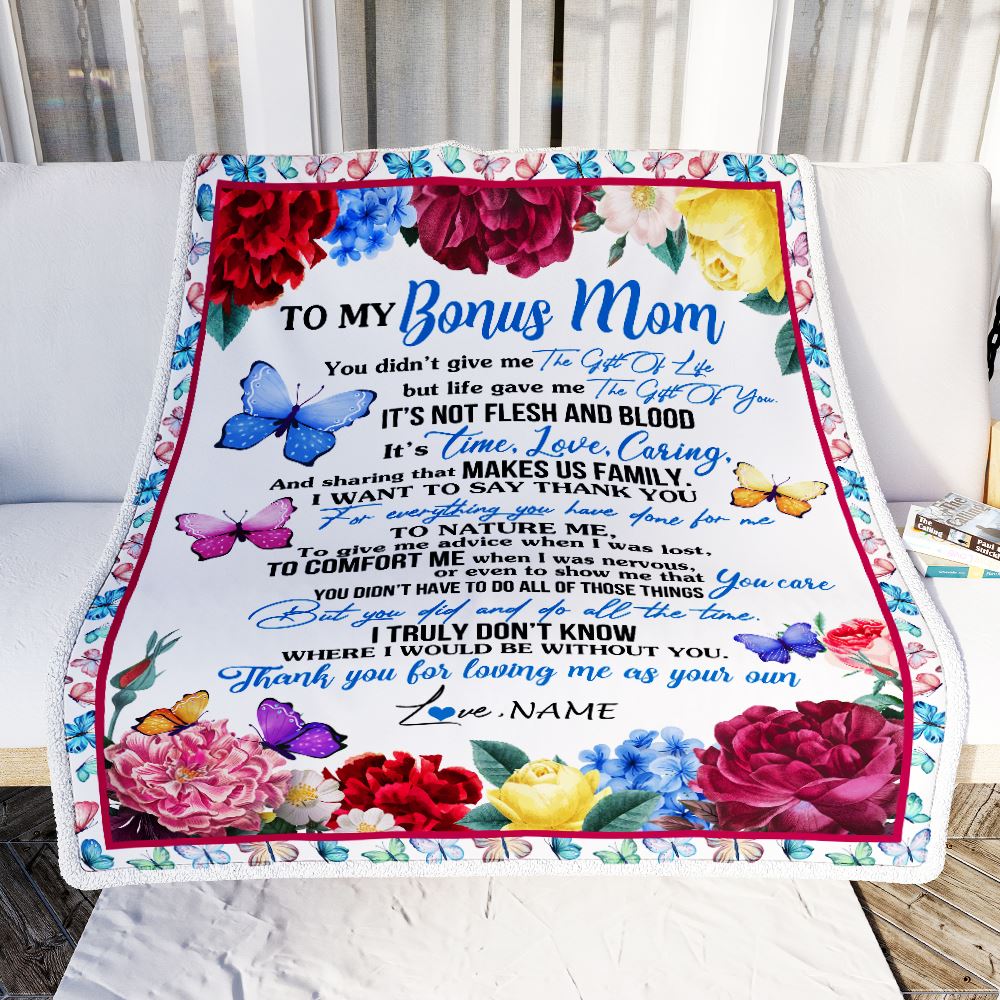 Personalized To My Bonus Mom Blanket From Daughter Son Thank You For Loving Me Stepmom Birthday Mothers Day Christmas Customized Bed Fleece Blanket | siriusteestore