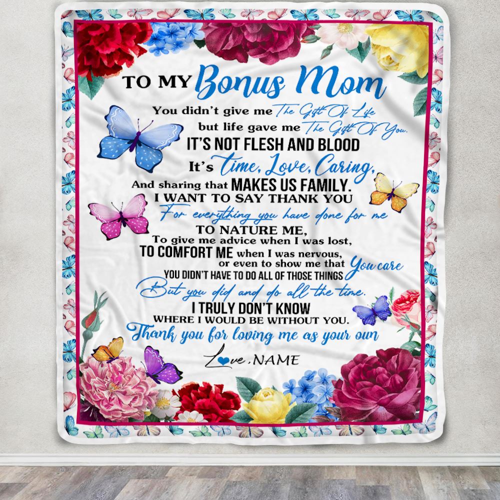 Personalized To My Bonus Mom Blanket From Daughter Son Thank You For Loving Me Stepmom Birthday Mothers Day Christmas Customized Bed Fleece Blanket | siriusteestore