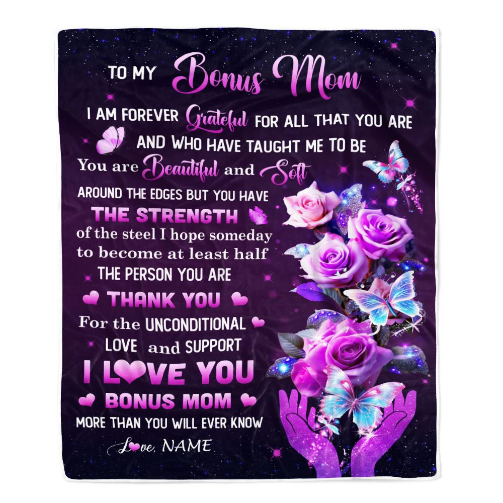Personalized To My Bonus Mom Blanket From Daughter Thank You For Love Butterfly Stepmom Birthday Mothers Day Christmas Customized Gift Fleece Throw Blanket | siriusteestore