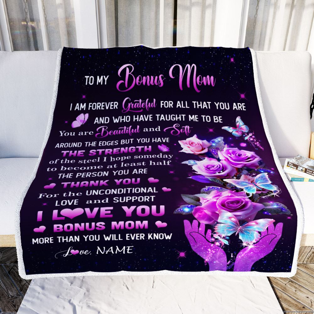 Personalized To My Bonus Mom Blanket From Daughter Thank You For Love Butterfly Stepmom Birthday Mothers Day Christmas Customized Gift Fleece Throw Blanket | siriusteestore