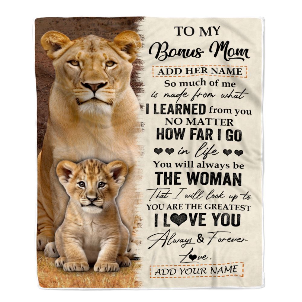 Personalized To My Bonus Mom Blanket From Niece Nephew You Are The Greatest Lion Stepmother Birthday Gifts Mothers Day Christmas Customized Fleece Blanket | siriusteestore