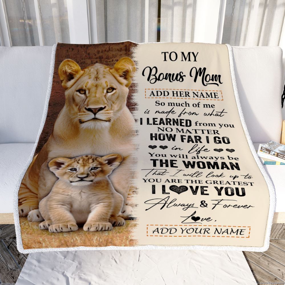Personalized To My Bonus Mom Blanket From Niece Nephew You Are The Greatest Lion Stepmother Birthday Gifts Mothers Day Christmas Customized Fleece Blanket | siriusteestore