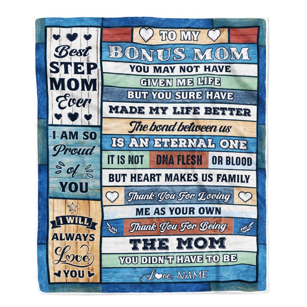 Personalized To My Bonus Mom Blanket From Step Daughter Son Wood Best Gifts For Great Stepmom Birthday Mothers Day Christmas Customized Fleece Throw Blanket | siriusteestore