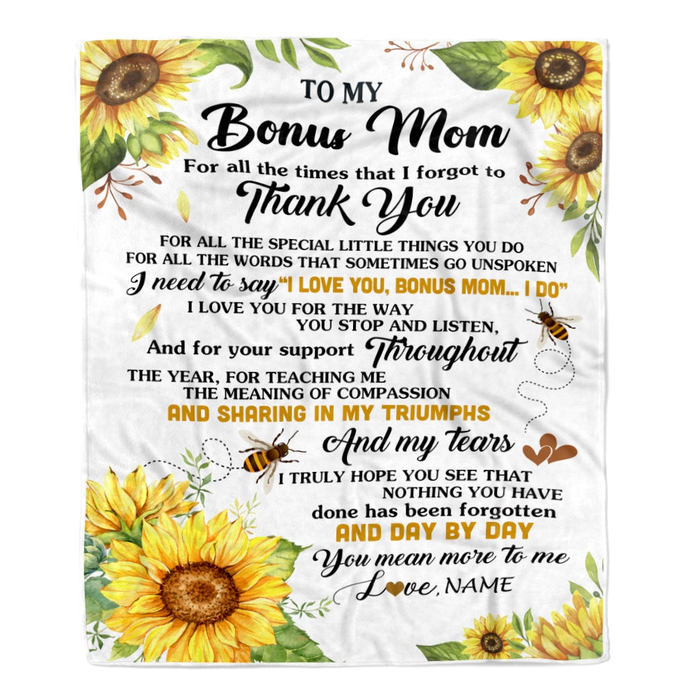 Personalized To My Bonus Mom Blanket From Step Daughter Sunflower Thank You I Love You Stepmom Birthday Mothers Day Christmas Customized Gift Fleece Blanket | siriusteestore
