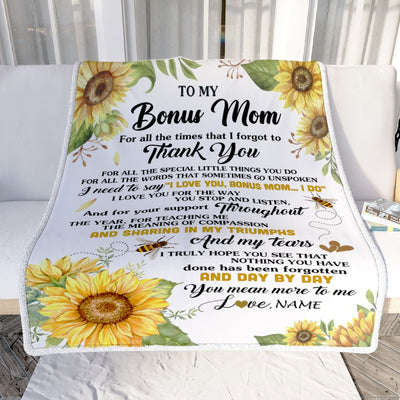 Personalized To My Bonus Mom Blanket From Step Daughter Sunflower Thank You I Love You Stepmom Birthday Mothers Day Christmas Customized Gift Fleece Blanket | siriusteestore