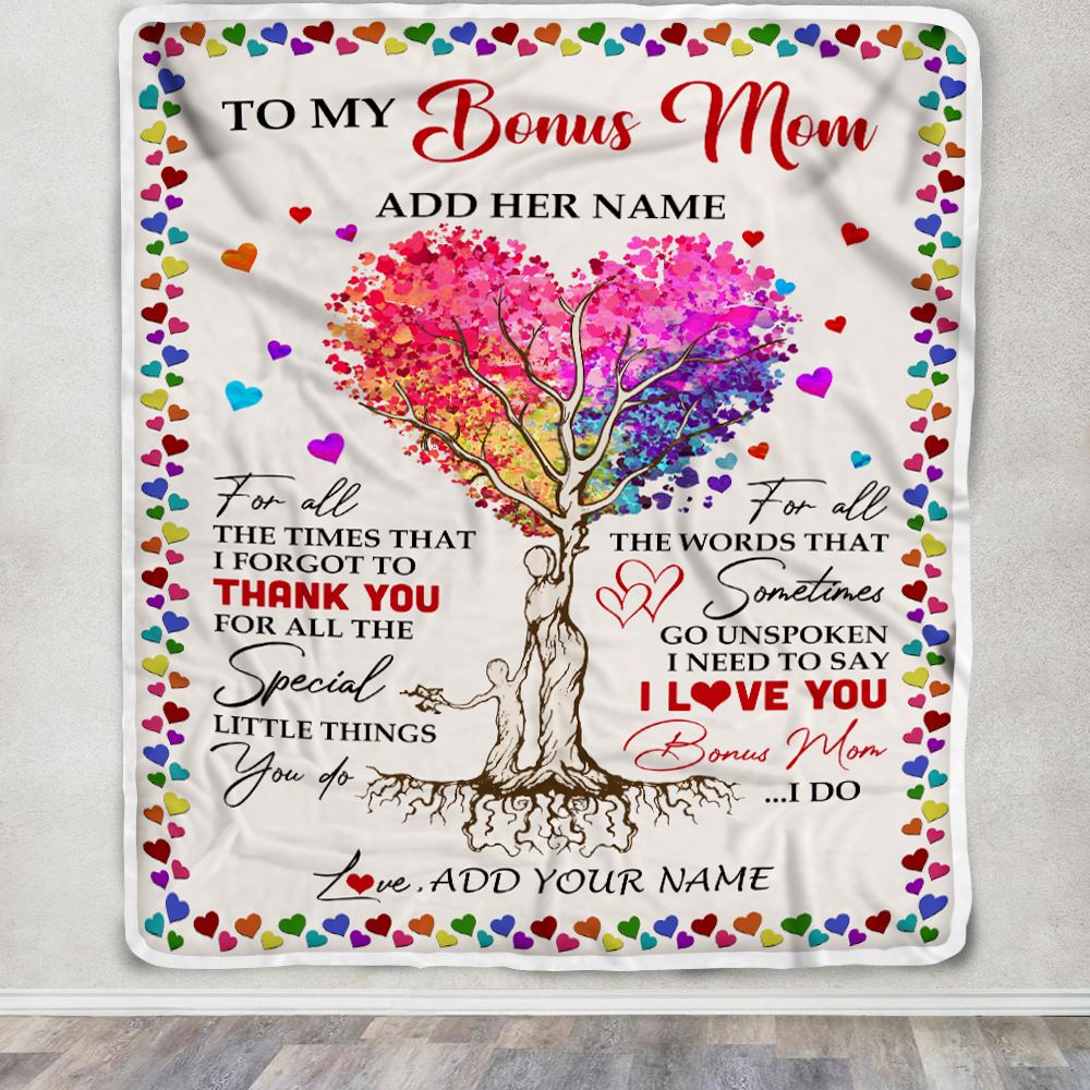 Personalized To My Bonus Mom Blanket From Stepdaughter Colorful Tree Thank You For All Stepmother Mothers Day Birthday Gifts Christmas Customized Fleece Blanket | siriusteestore