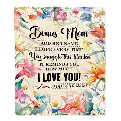 Personalized To My Bonus Mom Blanket From Stepdaughter Stepson Floral I Love You Great Stepmom Birthday Gifts Mothers Day Christmas Customized Fleece Blanket | siriusteestore