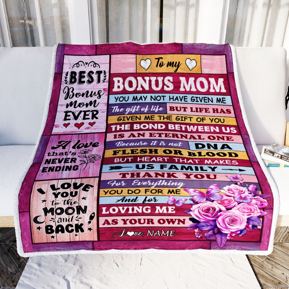 Personalized To My Bonus Mom Blanket From Stepdaughter Stepson Wood Thank You For Everything Step Mom Birthday Mothers Day Christmas Customized Fleece Blanket | siriusteestore
