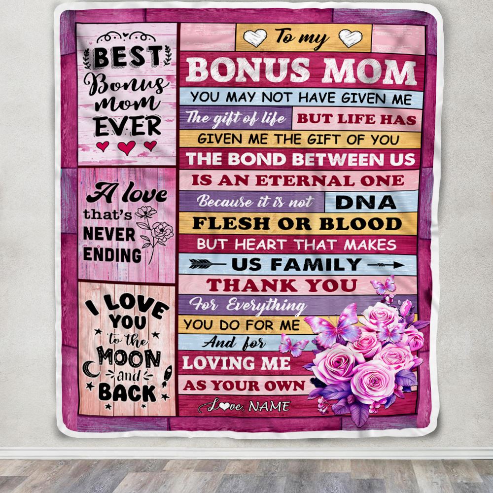 Personalized To My Bonus Mom Blanket From Stepdaughter Stepson Wood Thank You For Everything Step Mom Birthday Mothers Day Christmas Customized Fleece Blanket | siriusteestore