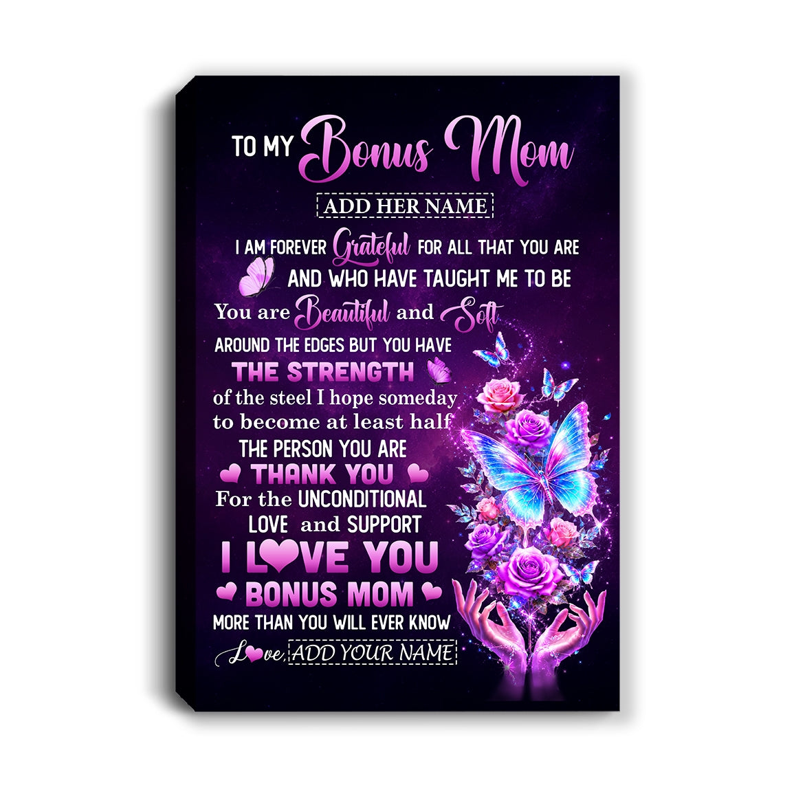 Personalized To My Bonus Mom Canvas From Daughter Thank You For Love Butterfly Stepmom Birthday Gifts Mothers Day Christmas Custom Wall Art Framed Canvas | siriusteestore