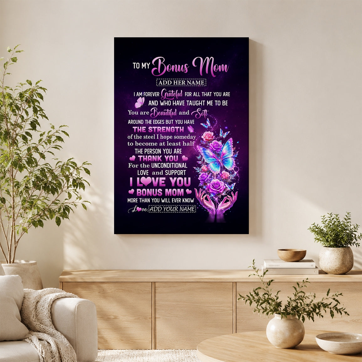 Personalized To My Bonus Mom Canvas From Daughter Thank You For Love Butterfly Stepmom Birthday Gifts Mothers Day Christmas Custom Wall Art Framed Canvas | siriusteestore