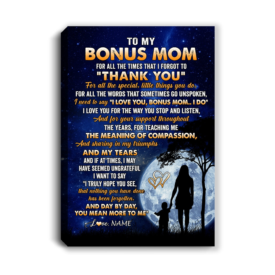 Personalized To My Bonus Mom Canvas From Stepdaughter Stepson Thank You Grateful Love Stepmom Birthday Gifts Mothers Day Christmas Custom Wall Art Print Framed Canvas | siriusteestore