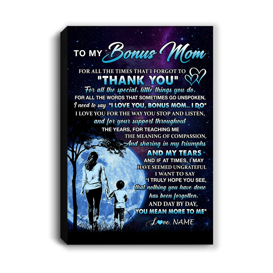 Personalized To My Bonus Mom Canvas From Stepson Thank You Day By Day Stepmom Birthday Mothers Day Thanksgiving Christmas Custom Wall Art Print Framed Canvas | siriusteestore