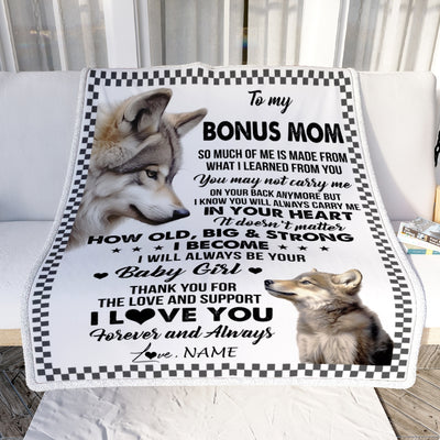 Personalized To My Bonus Mom From Step Daughter Blanket Wolf Always Be Your Little Girl Stepmom Mothers Day Birthday Christmas Gift Customized Fleece Blanket | siriusteestore