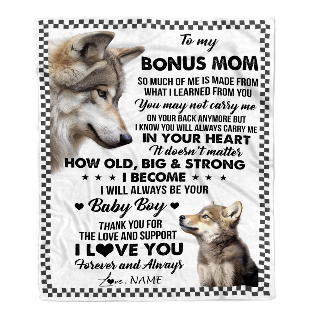 Personalized To My Bonus Mom From Step Son Blanket Wolf Always Be Your Little Boy Stepmom Mothers Day Birthday Christmas Gift Customized Fleece Throw Blanket | siriusteestore