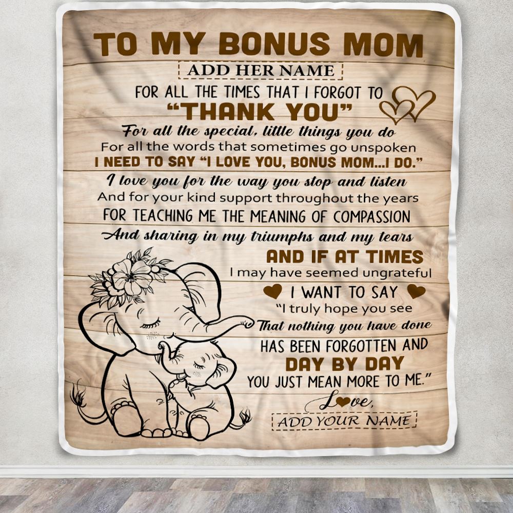 Personalized To My Bonus Mom Gift Blanket From Daughter Elephant Thank You Best Stepmom Birthday Gifts Mothers Day Christmas Custom Name Fleece Throw Blanket | siriusteestore