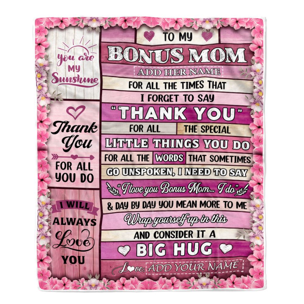 Personalized To My Bonus Mom Gifts Blanket From Daughter Wood Thank You Best Stepmom Birthday Gifts Mothers Day Christmas Custom Name Fleece Throw Blanket | siriusteestore