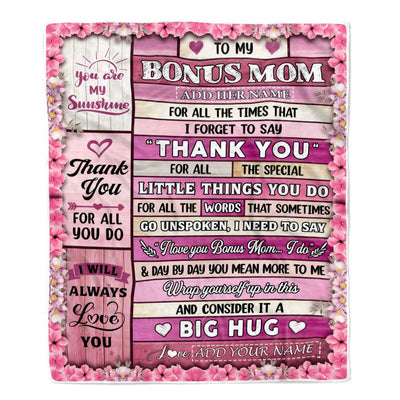 Personalized To My Bonus Mom Gifts Blanket From Daughter Wood Thank You Best Stepmom Birthday Gifts Mothers Day Christmas Custom Name Fleece Throw Blanket | siriusteestore