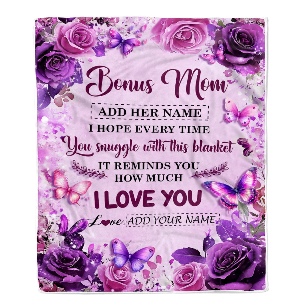 Personalized To My Bonus Mom Gifts Blanket From Stepdaughter Purple Floral Birthday Gifts For Stepmom Mothers Day Thanksgiving Christmas Custom Fleece Blanket | siriusteestore
