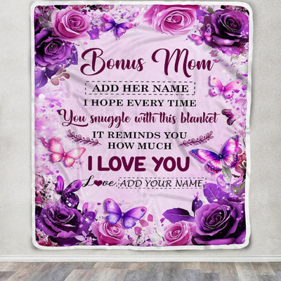 Personalized To My Bonus Mom Gifts Blanket From Stepdaughter Purple Floral Birthday Gifts For Stepmom Mothers Day Thanksgiving Christmas Custom Fleece Blanket | siriusteestore