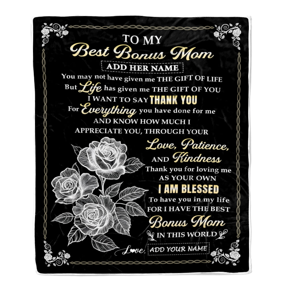 Personalized To My Bonus Mom Gifts Blanket From Stepdaughter Rose Gave Love Thank You Stepmom Gifts Mothers Day Birthday Christmas Custom Fleece Throw Blanket | siriusteestore
