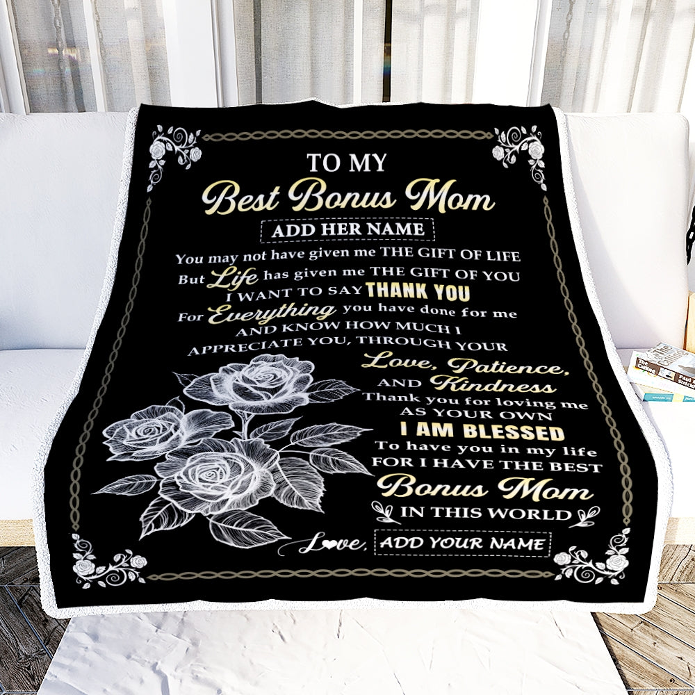 Personalized To My Bonus Mom Gifts Blanket From Stepdaughter Rose Gave Love Thank You Stepmom Gifts Mothers Day Birthday Christmas Custom Fleece Throw Blanket | siriusteestore