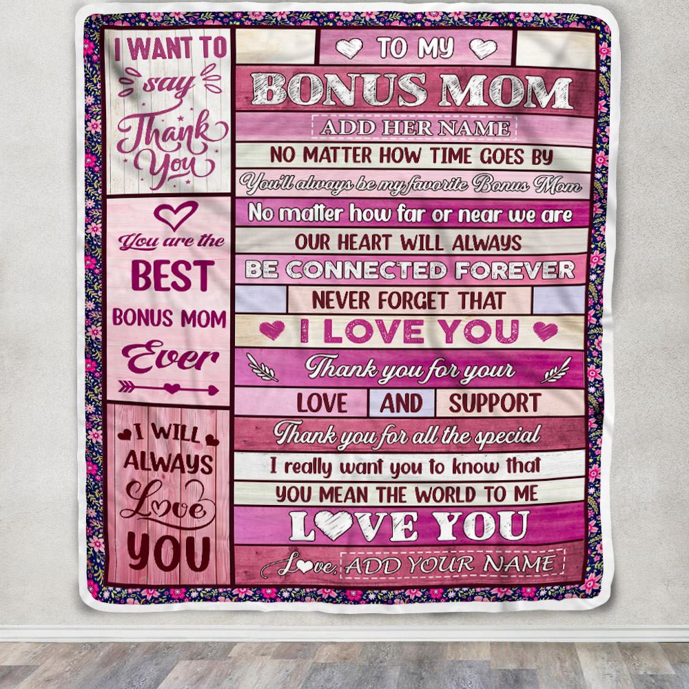 Personalized To My Bonus Mom Gifts Blanket From Stepdaughter Stepson Wood My Favorite Stepmom Birthday Gifts Mothers Day Christmas Customized Fleece Blanket | siriusteestore
