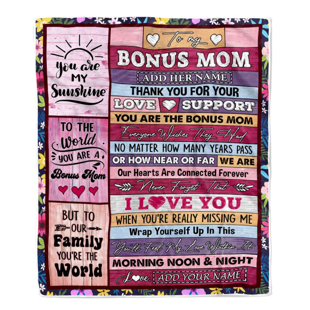Personalized To My Bonus Mom Gifts Blanket From Stepdaughter Stepson Wood You Are The Stepmom Birthday Gifts Mothers Day Christmas Customized Fleece Blanket | siriusteestore