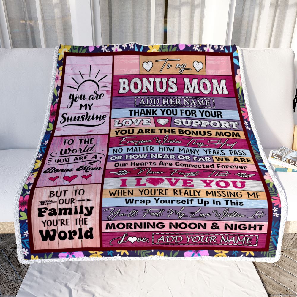 Personalized To My Bonus Mom Gifts Blanket From Stepdaughter Stepson Wood You Are The Stepmom Birthday Gifts Mothers Day Christmas Customized Fleece Blanket | siriusteestore