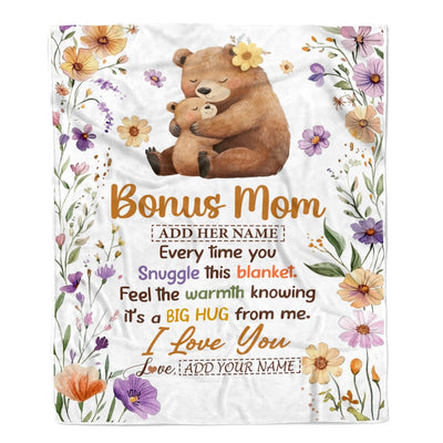 Personalized To My Bonus Mom Gifts From Step Son Daughter Blanket Bear Big Hug Birthday Present Gift Idea For Stepmom Mothers Day Christmas Fleece Blanket Shirt & Hoodie | siriusteestore